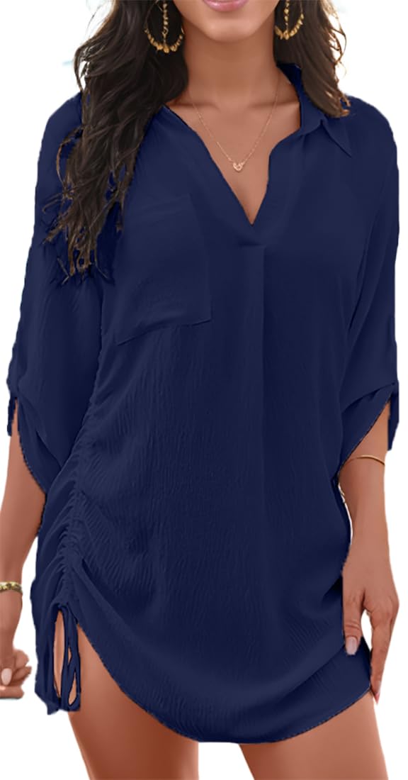 WINRKERY Women Swimsuit Coverup Beach Cover Ups Summer Beach Dress Drawstring Shirt for Vacation Cruise