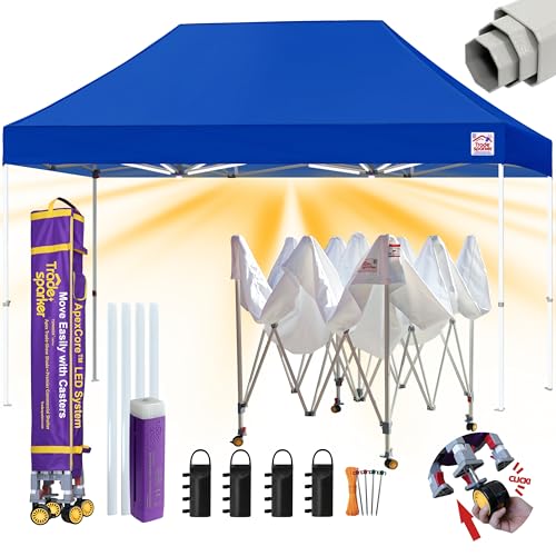 Image of Tradesparker 10x15 Pop Up Canopy Tent,Commercial Movable Canopy with ApexCore LED&Rugged Casters-Instant Easy Setup Shelter Canopies with Weight Bags&Stakes for Outdoor Events Markets Vendors,Blue