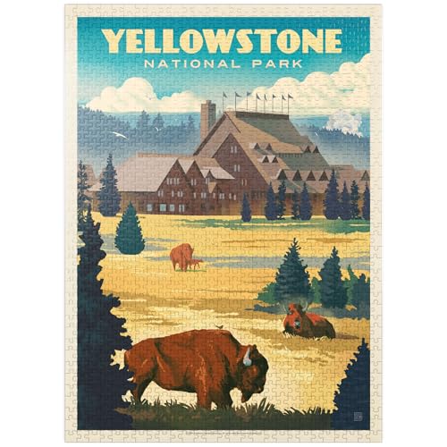 MyPuzzle Yellowstone National Park: Old Faithful Inn Bisons, Vintage Poster - Premium 1000 Piece Jigsaw Puzzle for Adults -  MyPuzzle LLC