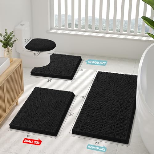 Smiry Luxury Chenille Bathroom Rugs 70x24, Extra Soft and Absorbent Shaggy Bath Mat, Machine Washable, Non-Slip Plush Carpet Runner for Tub, Shower, and Floor, Home Decor Accessories, Black