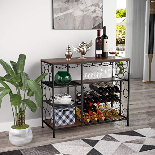 mecor Industrial Metal Wine Rack Table with Glass Holder and Wine Storage Console Table with Wine Rack Wine Bar Cabinet for Kitchen Dining Room Brown
