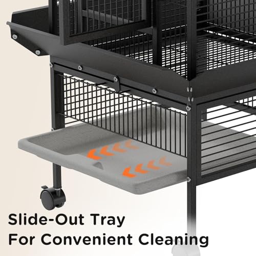 60" Large Wrought Iron Bird Cage with Rolling Stand, Play Top & 4 Stainless Steel Bowls, Metal Parrot Cage for African Grey, Cockatiel, Conure, Lovebird, Budgie, Black - Image 4