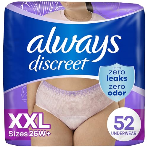 Image of Always Discreet Adult Diapers for Women, Incontinence Underwear, Postpartum Essentials, Disposable Briefs, Max Absorbency, Bladder Leak Protection, 2XL / XXL, 52ct