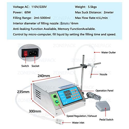 ZONEPACK Diaphragm Pump Liquid Filling Machine Semi-automatic Desktop Filler for Alcohol Juice Water Alcohol Beverage Perfume