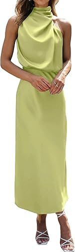 BTFBM - Vestido largo de fiesta sin mangas para mujer, cuello alto falso, abertura de cerradura, cintura alta y elástica, para invitadas de boda o