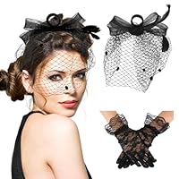 Sibba Fascinators für Frauen 1920er Jahre Teeparty Hut und kurze Spitze Handschuhe Federn Schleier Mesh Stirnband Floral Spitze Handschuhe Schwarz Einheitsgröße