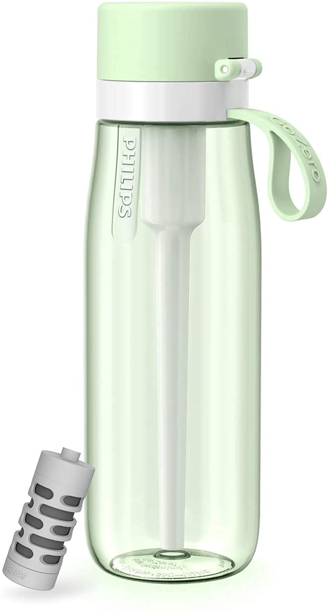 Philips GoZero - Botella de agua filtrada para uso diario con filtro de agua Philips, plástico Tritan sin BPA, purifica el agua del grifo en agua saludable para beber sabor, 22 onzas, verde