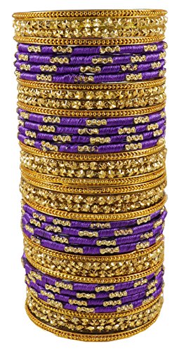 Image of NMII Purple Color Silk Thread & Glass Bangles Set For Girls & Women (Purple,2.6)
