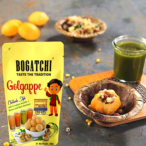 Image of BOGATCHI Pani puri packet ready to eat with 4 Waters Masala and Green & Red Chutneys | Pani Puri Papad | Golgappe Packet Readymade pani poori | Panipuri Fiber Rich Golgappa Complete Combo, 200g