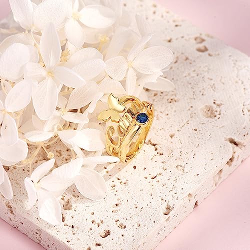 10K 14K 18K Solid Gold Butterfly Rings for Women Personalized, Custom Name Ring Bands with Birthstone Jewelry Gift for Engagement Mother's Day Christmas Birthday Size 4-123