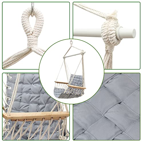 Image of [Upgraded] Hammock Chair Hanging Swing with Wooden Armrests;Steel Spreader Bar and Anti-Slip Rings;Cotton Woven Fabric;Up to 300 Lbs for Bedroom,Patio,Porch,Deck-Indoor Light Grey
