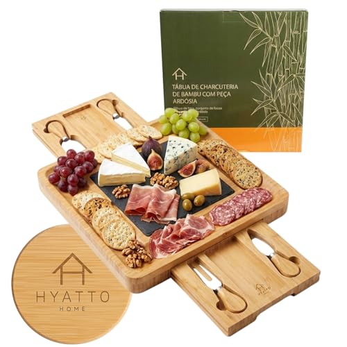 Tábua de Frios e Queijos de Bambu Com Peça de Ardósia, Contém Conjunto de Facas de Queijo. Petisqueira e Tábua de Charcutaria Premium. Ideal Para Presentes | HYATTO HOME