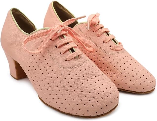 Women's Practice Latin Dance Shoes Mesh Perforated Design Professional Ballroom Dancing Oxford Performance Pink Leather #T1-B