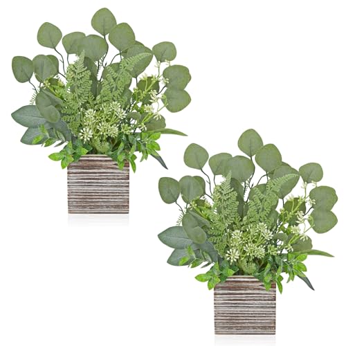Hollyone 2Pcs Artificial Eucalyptus Plant in Rustic Wood Planter 14"