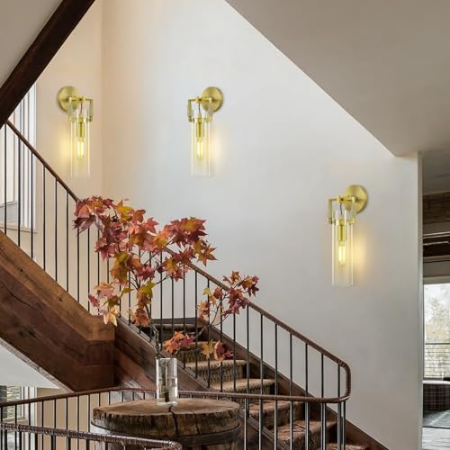 Image of Modern Brass Wall Sconces,15.3'' Hardwired Wall Sconce with Knurled,Farmhouse Indoor Bathroom Sconce,Gold Vanity Lights for Bathroom,Glass Wall Sconce for Living Room,Bedroom,Hallway,Staircases