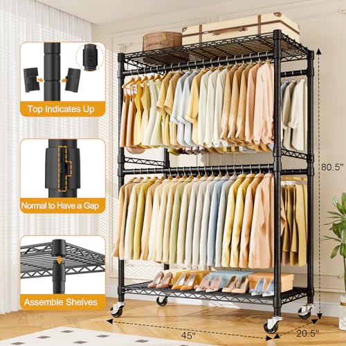 ULIFHOME P4 Rolling Clothes Rack Heavy Duty, Clothing Racks for Hanging Clothes, Free Standing Garment Racks with Wheels, Metal Portable Closet Rack 45''W × 20.5''D × 80.5''H, Max Load 570 Lbs, Black by ULIFHOME - Image 7