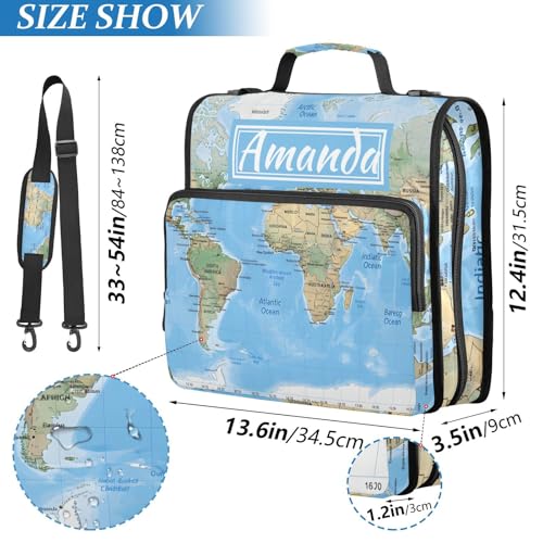 Image of Custom 3 Ring Zipper Binder World Map Blaue Personalized Name 1.5 inch Binders Large Capacity Multi Pockets for School Office Supplies