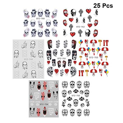 Pegatinas de calcomanías de uñas de Halloween de Beaupretty, calcomanías de arte de uñas de agua de calavera Decoración de fiesta de flor de araña de hueso de cráneo negro, 25 hojas
