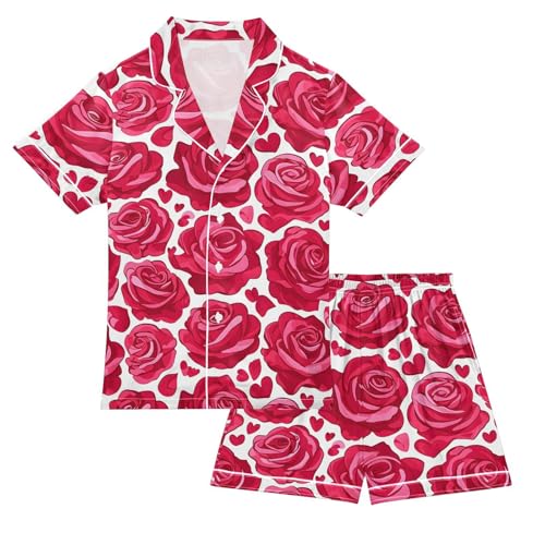 Romantic Rose Love Heart Pajamas Set Summer Button Down Sleepwear Pjs Sets Comfy Loungewear