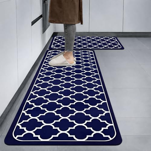 Image of Luxe Home Kitchen Mat Combo Quatrefoil Design Standing Desk Floor Mat Non Slip Kitchen Rugs, Comfort Runner Floor for Home Office, Sink & Laundry - Blue (116x36 & 58x36 cm PC-2)