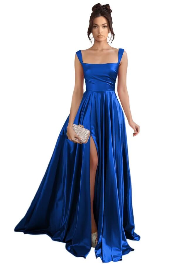 Stylefun Royal Blue Satin Spaghetti Strapes Pleated Prom Dresses with Slit A Line Long Formal Dress...