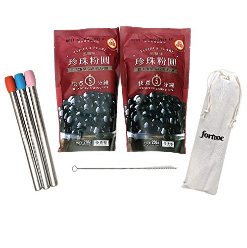 Boba Tapioca Pearl Bubble Tea Drink at Home Set | Wufuyuan Black Boba Balls Quick Cook, Ready in 5 Minutes | 3 FortuneHouse Reusable Stainless Steel Boba Straws with Food Grade Silicone Tips, 1 Cleaning Brush, 1 Canvas Bag | 3 straws with tips + 1 br