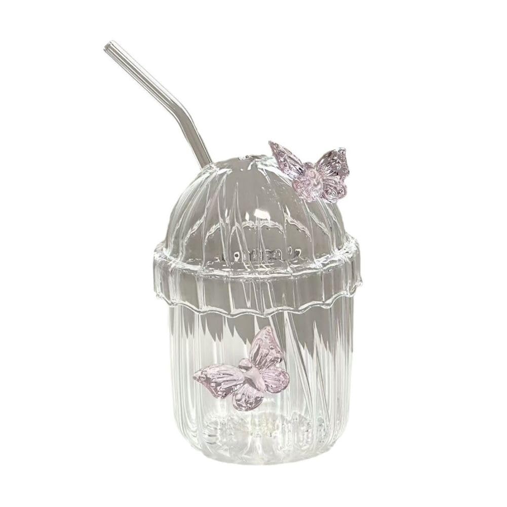 Ochine Butterfly Ribbed Glass Tumbler, Butterfly Drinking Glass with Straw and Lid, Coffee Mug Tea Cup, Striped Drink Cups for Coffee, Juice, Beer,