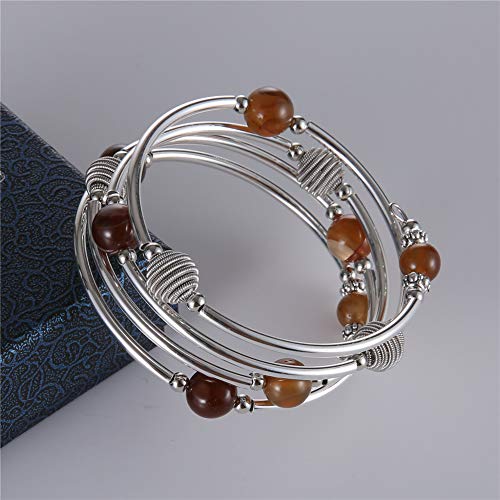 Pearl&Club Beaded Chakra Bangle Turquoise Bracelet - Fashion Jewelry Wrap Bracelet with Thick Silver Metal and Mala Beads, Birthday Gifts for Women (63-Agate Brown) - Thumbnail 4