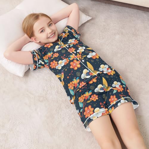 senya Flower on Bird Satin Summer Pajama Sets Silk Short Sleeve Button Down Sleepwear 7