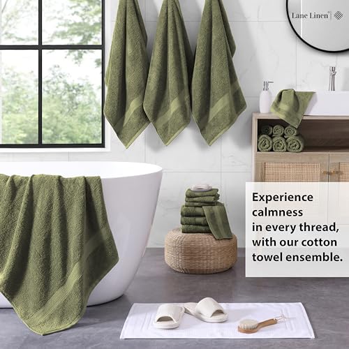Image of LANE LINEN 100% Cotton Bath Towel Set of 18 - Softer, High Absorbency & Durable - 4 Bath, 8 Wash Cloth, 6 Hand Towels for Bathroom - Premium Look, Spa Quality, Solid Dyed Towels - Oil Green