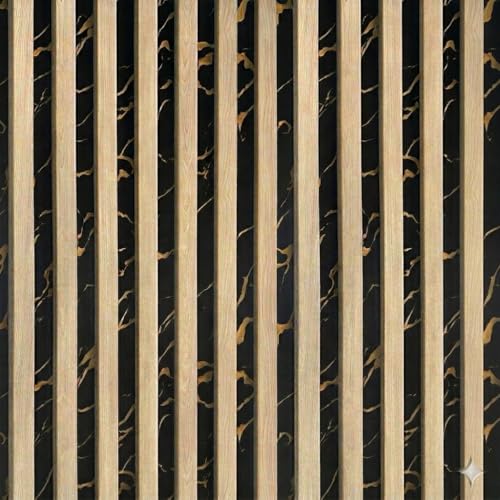 Hotegxa Wooden Louvers & Black Marble Wallpaper for Walls | Self Adhesive Waterproof PVC Peel & Stick Wall Sticker for Living Room, Bedroom, TV Unit B