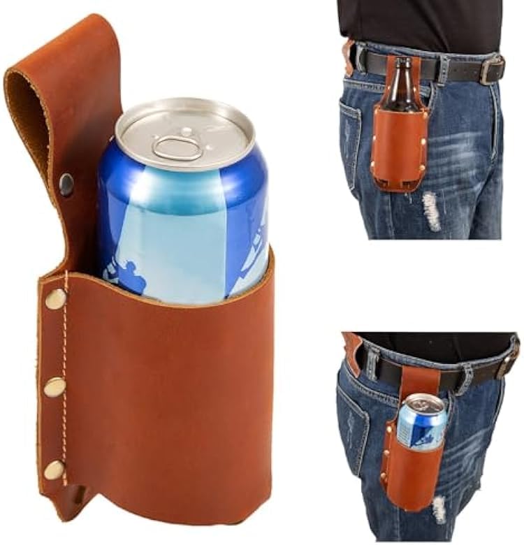 Crazy Horse Leather Beer Belt Holster,Portable Belt Bottle Holder,Grilling Camping Beer Gifts for Men Father’s Day Christmas Beer Drinkers/Lovers,Cowboy Accessories for Men