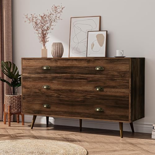 JOZZBY 6 Drawer Dresser for Bedroom Walnut Wood Dressers with Golden Handles Mid Century Modern Dresser for Bedroom Hallway Entryway