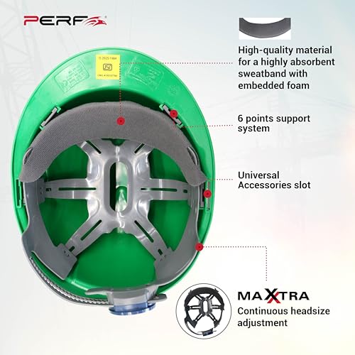 Image of PERF Safety Helmet for Construction & Outdoor Work|Easy 3D Fitting System for Any Head Size|Lightweight|4-Point Support, Easy Impact Absorption Sweatband|Maxxtra|Green