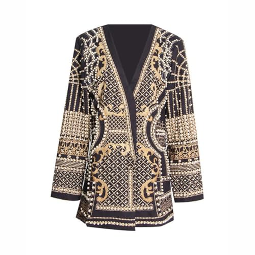Women's Fashion Printed V-Neck Beaded Small Suit Long Sleeve Nail Loose Suit Jacket