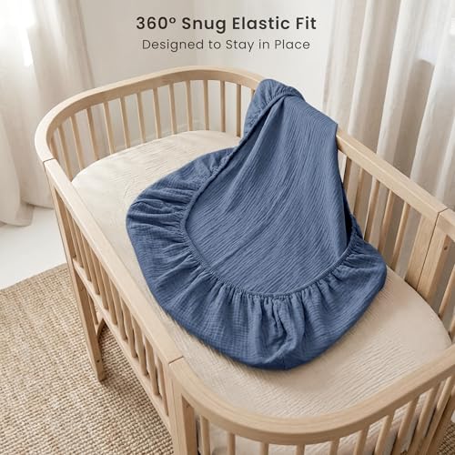 Image of Konssy 2 Pack Muslin Bassinet Sheets for Boys, Girls, 100% Cotton Soft Breathable Fitted Bassinet Mattress Sheet, 33 x 21 inches (Navy,Cream)