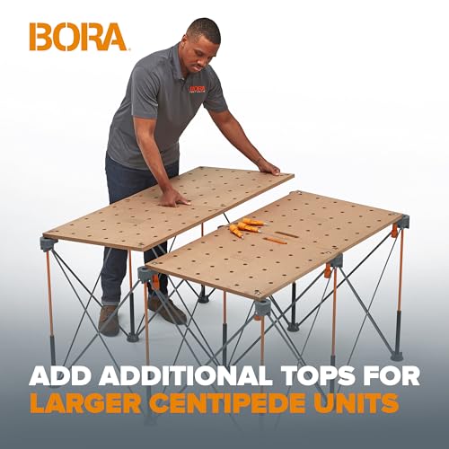 Image of Bora Centipede Workbench Table Top For Bora Centipede Work Stand Saw Horses - 24 inch x 48 inch - Includes Wood Top with 3 /4 inch Dog Holes + 6 Quick-Twist Lock Handles for Portable, Temporary Work Bench, CK22T