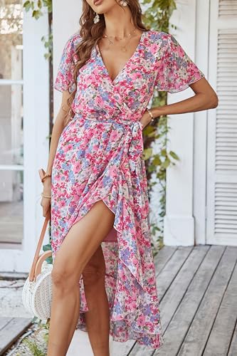 PRETTYGARDEN Women's Summer Floral Boho Maxi Dress Wrap Short Sleeve V Neck Ruffle A-Line Flowy Wedding Guest Long Dresses