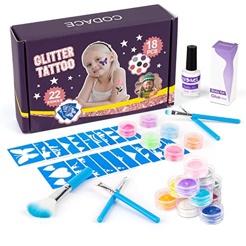 Glitter Tattoo Kit ,12 Colors Tattoo Glitter Powder & 6 Glow Powder, 22 Stencils, Body Art Glow In Dark Tattoo, Body Glitter Tattoos For Kids , Festival Party With 5 Brushes And 1 Glue #TOP5