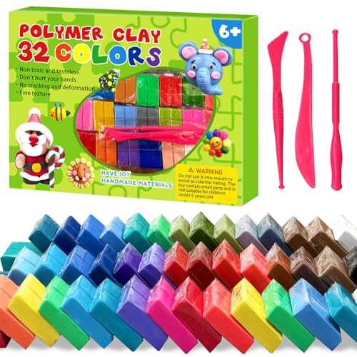 Polymer Clay 32 Colors, Polymer Clay Set, Modelling Clay for Kids DIY Starter Kits, Polymer Clay Starter Kit with Sculpting Tools, Oven Bake Clay, Crafts Gift for Beginners/Adults