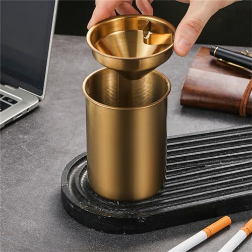 Image of Car Ashtray Stainless Steel Car Ashtray with Lid Car Cigarette Ash Cup Holder Ash Tray for Cars Home Office Outdoors Camping, Ashtrays for Smokers,Home Office Decoration, 3.7 * 3 inches, Gold