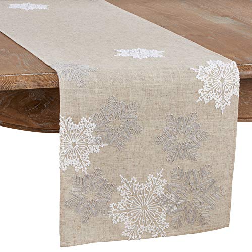Saro Lifestyle Embroidered Snowflake Table Runner, Natural, 16"x90"