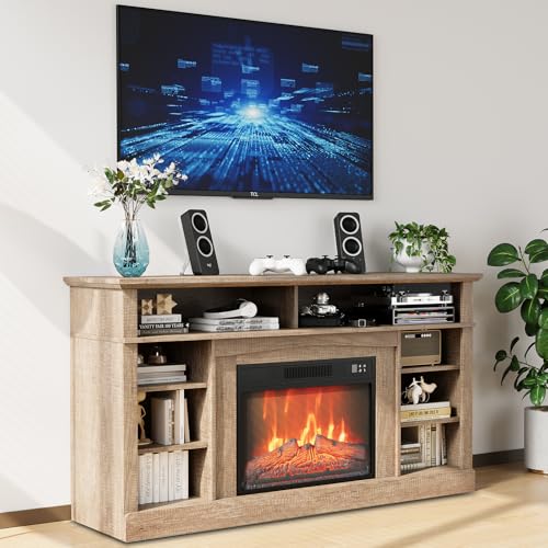GarveeHome 58 in Fireplace TV Stand with 23 in Electric Fireplace & Remote Control, Entertainment Center, Modern Wood Texture Entertainment Stand for TVs Up to 65 in