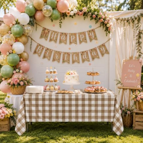 Image of Blue Orchards Brown Gingham Table Cover (Pack of 3 with 20 Glue dots) - 54 inchx108 inch XL - Brown and White Buffalo Checkered Picnic Plastic Tablecloth, Camping Decoration, Outdoor Birthday Party Supplies
