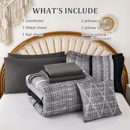 Image of Dintszyayue Black Comforter Set Queen Size, 8 Pieces Boho Striped Bed in a Bag Soft Microfiber Bedding Set for All Season
