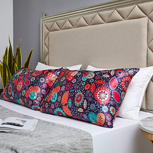 Image of MR&HM Satin Pillowcase for Hair and Skin, Silk Satin Pillowcase 2 Pack, King Size Pillow Cases Set of 2, Silky Pillow Cover with Envelope Closure (20x40, Boho Floral)