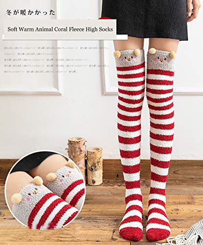 Image of Hotmiss Womens Thigh High Fuzzy Socks Cute Over the Knee Stockings Winter Warm Stripe Leg Warmers