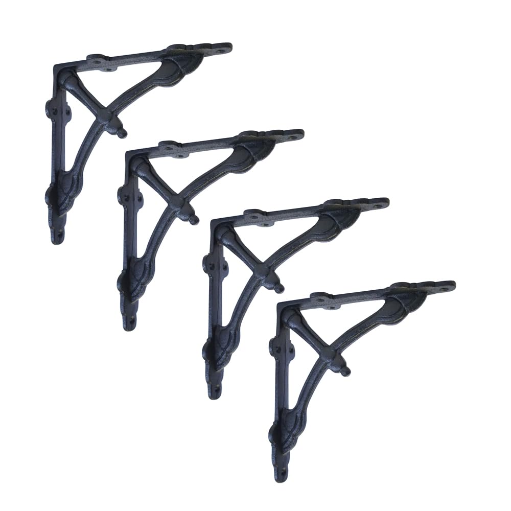 NACH Decorative Shelf Brackets, 4 Pack of 4.8 x 1.2 x 4.8 inch, Black Cast Iron Wall Shelf Brackets - Metal Brackets for Shelves - Half Round Support
