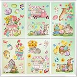 Fensterbilder Ostern, 9 Blätter Oster Fensterbilder, Osterdeko Fenster, Realistische Hasen, Tulpen und Ostereier, Fensterbild Frühling, PVC Aufkleber für Fenster, Türen, Kinderzimmer, Osterparty