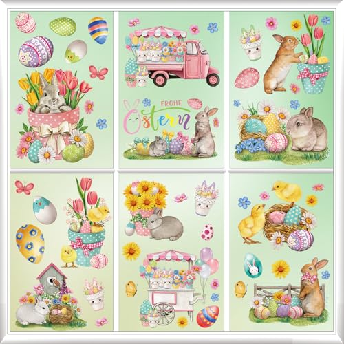 Fensterbilder Ostern, 9 Blätter Oster Fensterbilder, Osterdeko Fenster, Realistische Hasen, Tulpen und Ostereier, Fensterbild Frühling, PVC Aufkleber für Fenster, Türen, Kinderzimmer, Osterparty
